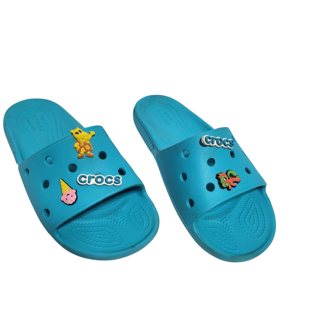 Crocs Slides Blue Kids Size 6 M 8 W Jibbitz Ice Cream Dino Bear‎